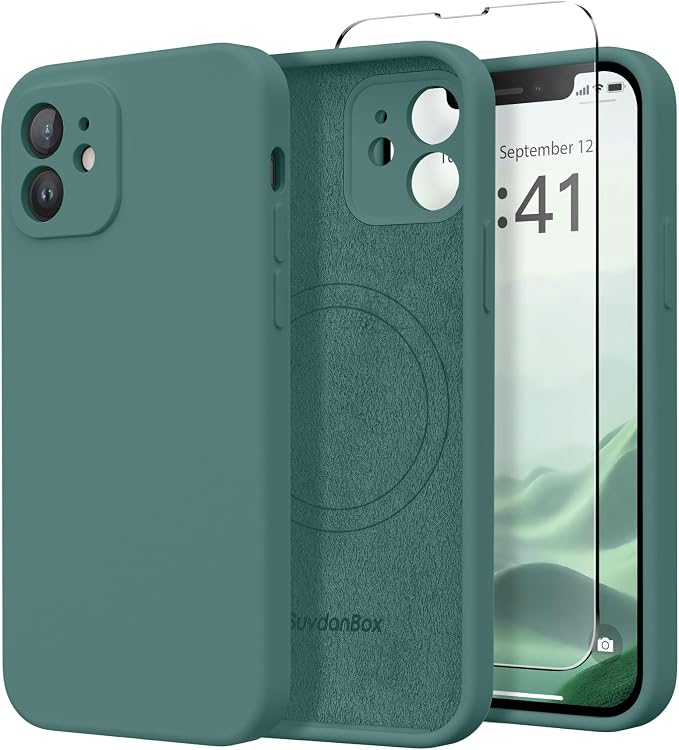 Magnetic for iPhone 12 Case, Compatible with MagSafe, [Full Camera Protection][Screen Protector] Silicone Shockproof Protective Phone Case for iPhone 12 6.1", Midnight Green