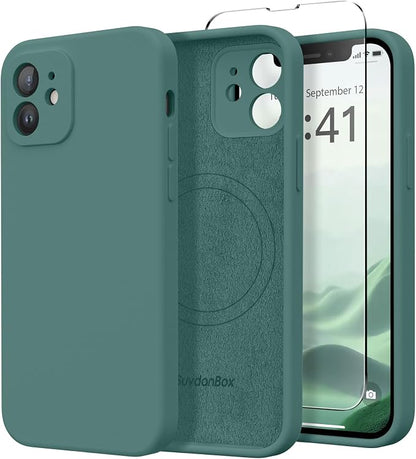 Magnetic for iPhone 12 Case, Compatible with MagSafe, [Full Camera Protection][Screen Protector] Silicone Shockproof Protective Phone Case for iPhone 12 6.1", Midnight Green
