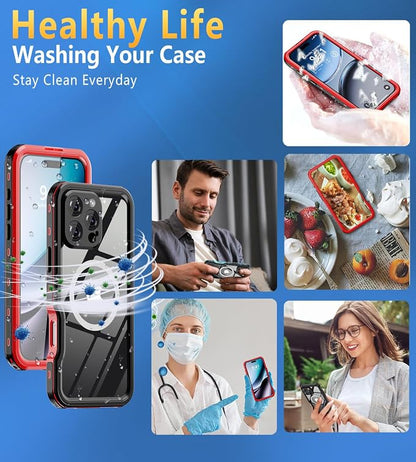 for iPhone 16 Pro Case Waterproof | Shockproof Dust Proof Phone Case Cover with Screen Protector - Red