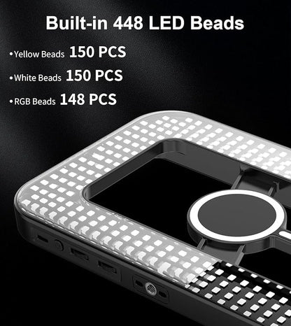Magnetic 6000mAh RGB Selfie Ring Light for iPhone,448 LED Rechargeable Phone Light with Mini Tripod Stand, Double-Sided Magnet Handheld Stabilizer with Light for Magsafe/Phones/Video Recording/Photos