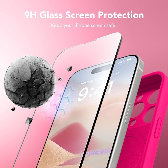 Magnetic for iPhone 15 Pro Max Case, Compatible with MagSafe, [Full Camera Protection][Screen Protector] Silicone Shockproof Protective Phone Case for iPhone 15 Pro Max 6.7", Hot Pink
