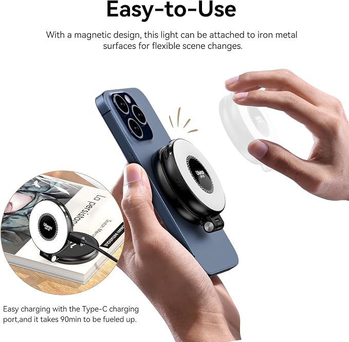 Fill Light for Magsafe LED Phone Light Attachment Selfie Ring Light Brightness Adjustable Compatible w Magsafe for iPhone Smartphone Vlogs/Photography/Video Conference Color Black