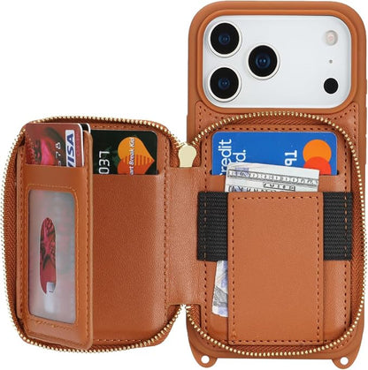 Crossbody Wallet Case for iPhone 17 Pro, PU Leather Zipper Handbag Purse Flip Cover, Kickstand Folio Case with Card Slots Holder Wrist Strap Lanyard 5G 6.3 Inch-Brown