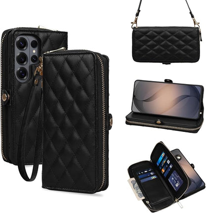 Rssviss Crossbody Case for Samsung Galaxy S26 Ultra Case Wallet, RFID Blocking Leather with Card Holder Kickstand, Handbag Zipper Flip Cover with Wrist Strap for S26 Ultra 6.9" Men Women, Black
