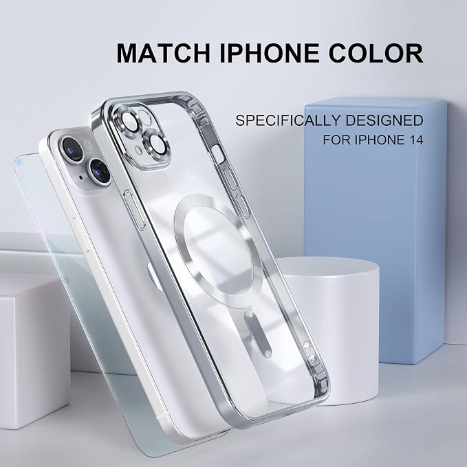 Misea Magnetic for iPhone 14 Case Compatible with MagSafe [Never Yellowing] [Military Grade Drop Protection] Full Camera Lens Protector Plating Soft Clear Phone Case for Women Girls, Silver