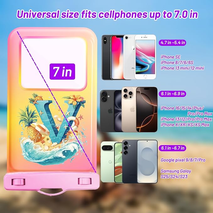 Personalized Initial Waterproof Phone Pouch Case - IPX8 Cellphone Dry Bag with Lanyard for iPhone 16/15/14/13/12 Pro Max (6.1–6.9"), Beach & Cruise Ship Essentials with Monogrammed Design (Pink, V)