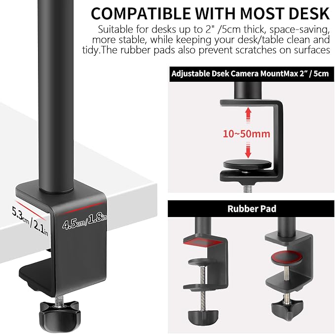 Camera Desk Mount Table Stand with Ball Head, Adjustable Light Stand with 1/4" Screw & C Clamp for DSLR Camera, Ring Light, Live Streaming, Photo Video Shooting