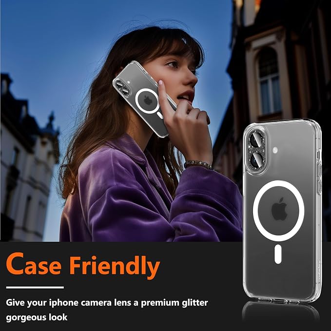 Camera Lens Protector for iPhone 16/iPhone 16 Plus, Bling Glitter Camera Cover with 9H Tempered Glass Metal Ring, Anti-Scratch Lens Protector for iPhone 16/iPhone 16 Plus (Glitter - Black)