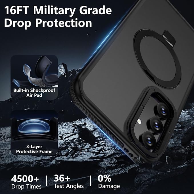 for Samsung Galaxy S24 FE Case, Magnetic Adjustable Ring Stand [Fit for Magsafe], [Military-Grade Shockproof Protection] Phone Case with Kickstand&Ring Holder (Black)