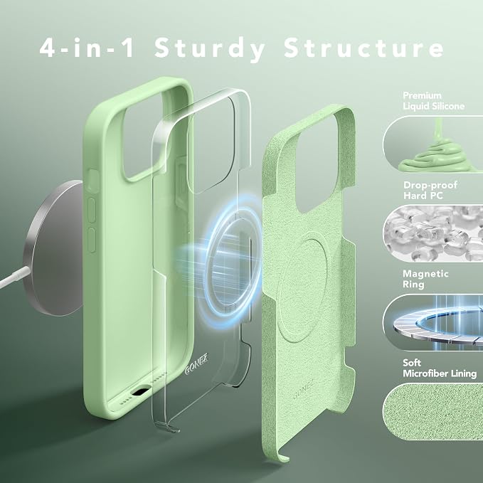 GONEZ Magnetic for iPhone 13 Pro Max Case, Compatible with MagSafe, [Screen Protector + Camera Lens Protector], Silicone Shockproof Anti-Scratch Protective Phone Case 6.7 inch, Green