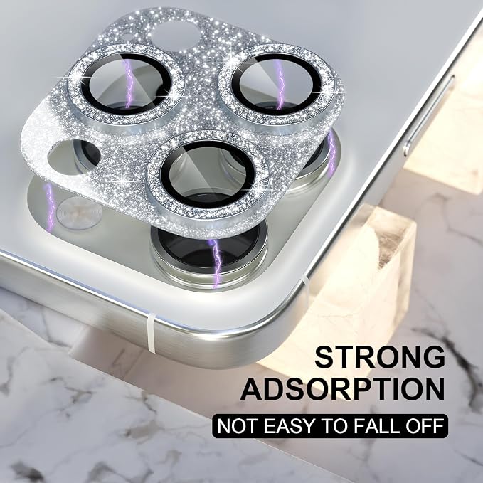 Choiche Compatible for iPhone 16 Pro/iPhone 16 Pro Max Camera Lens Protector, Bling Camera Cover with 9H Tempered Glass Lens Screen Protector Metal Ring Decoration Accessories (Glitter-Silver)