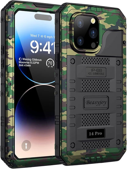 Beasyjoy Waterproof Case for iPhone 14 Pro, Metal Full Body Sealed Phone Case with Built-in Screen Protector, Military Grade Heavy Duty Defender Armor Shockproof Rugged Case 6.1 Inch, Camo