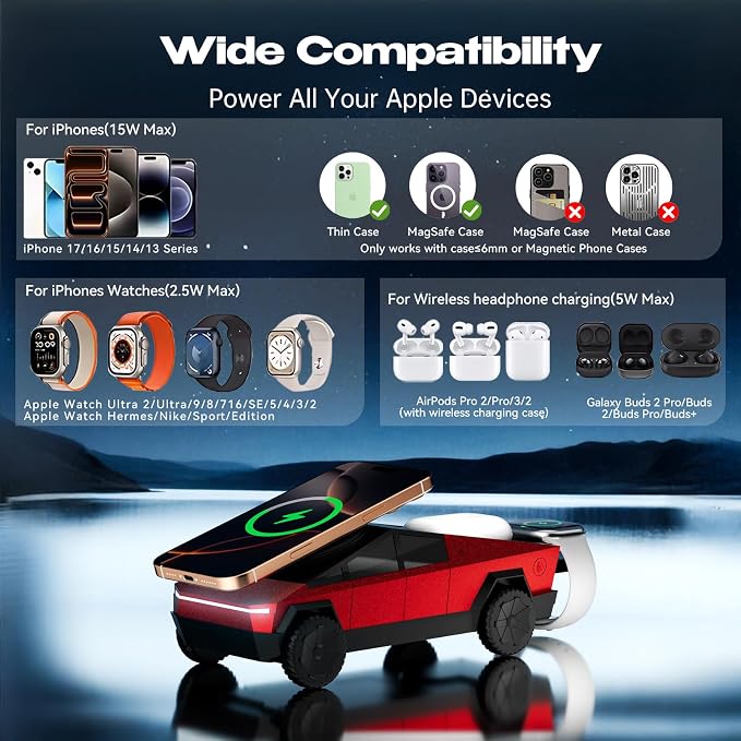CyberDock 3-in-1 Wireless Charging Station, Cybertruck 1:25 Scale Charger with Qi2 Certified 15W Charging for iPhone iWatch AirPods, Magnetic Rotating Charger with Ambient Light, 30W Adapter, Red