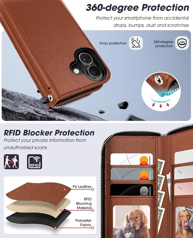 OCASE for iPhone 17 Crossbody Detachable Wallet Case, PU Leather Handbag Phone Purse with Zipper Closure, Card Slots & RFID Blocking, Wrist Strap, Lanyard, Kickstand, Diamond Check Brown