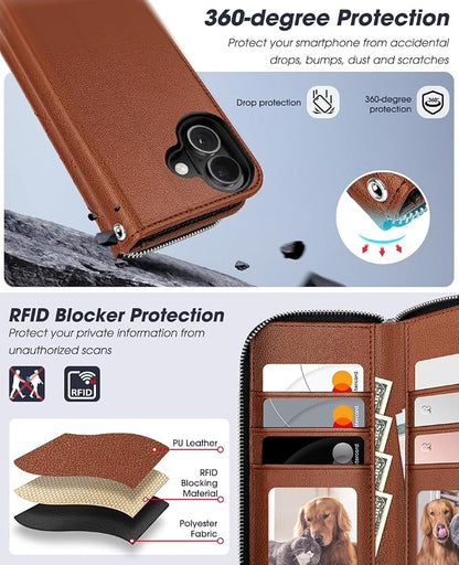OCASE for iPhone 17 Crossbody Detachable Wallet Case, PU Leather Handbag Phone Purse with Zipper Closure, Card Slots & RFID Blocking, Wrist Strap, Lanyard, Kickstand, Diamond Check Brown