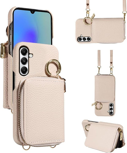 Wallet Case for Samsung Galaxy A34 5G with Shoulder Strap Ring Buckle, Luxury PU Leather Zipper Flip Organ Purse Credit Card Holder Stand Full Body Cell Phone Cover for A 34 34A Women Men White