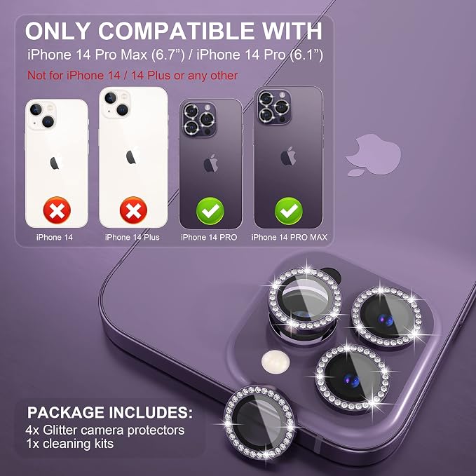 Choiche Compatible for iPhone 14 Pro/iPhone 14 Pro Max Camera Lens Protector Bling, 9H Tempered Glass Camera Cover Screen Protector Metal Ring Decoration Accessories (Diamond-Purple)