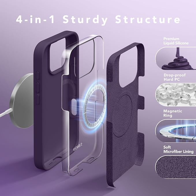 GONEZ Magnetic for iPhone 16 Pro Case, Compatible with MagSafe, [Screen Protector + Camera Lens Protector], Silicone Shockproof Anti-Scratch Protective Phone Case 6.3 inch, Deep Purple
