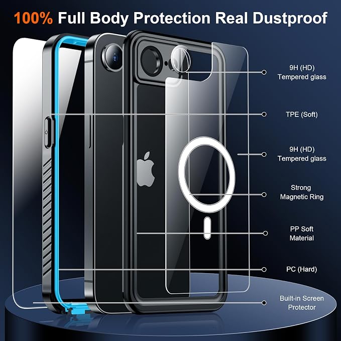 SPIDERCASE Magnetic for iPhone 16e Case iPhone 17e Case Waterproof, Built-in Screen & Camera Lens Protector[IP68 Underwater] [Military Grade Shockproof] Full Body Protection Phone Case,Blue