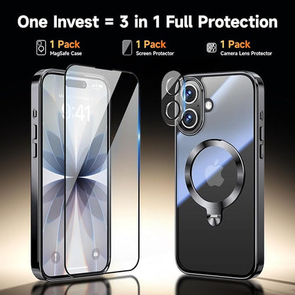 [Tri-Shield Protection] for iPhone 17 Case with 360° Spin Stand Compatible with MagSafe [Magnetic CD Ring] [Screen & Camera Lens Protector] Shockproof Plating Never-Yellowing, Black-6.3"