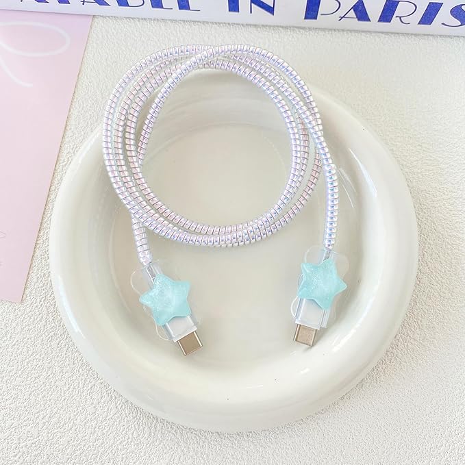 Charger Cover Compatible with Apple 40W Dynamic Power Adapter (with 60W Max), DIY 3D Wave Transparent Soft Charger Case + Laser Spiral Data Cable Protector, White Seashell & Blue Fish (5in1)
