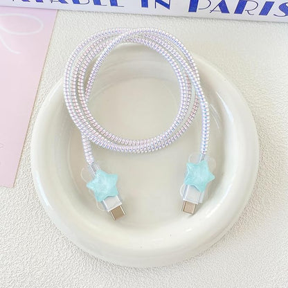 Charger Cover Compatible with Apple 40W Dynamic Power Adapter (with 60W Max), DIY 3D Wave Transparent Soft Charger Case + Laser Spiral Data Cable Protector, White Seashell & Blue Fish (5in1)
