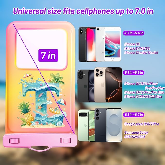 Personalized Initial Waterproof Phone Pouch Case - IPX8 Cellphone Dry Bag with Lanyard for iPhone 16/15/14/13/12 Pro Max (6.1–6.9"), Beach & Cruise Ship Essentials with Monogrammed Design (Pink, T)