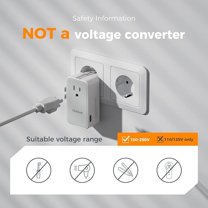 TESSAN Universal Travel Adapter 70W, Type C G A I | Ultra Thin, 4 USB Ports (3 USB C), Worldwide Plug for US to European UK Australia Spain France Ireland