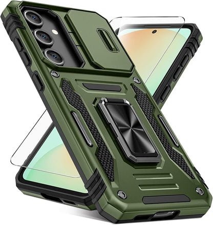 Caka for Samsung Galaxy S24 FE Case [HD Screen Protector] [Full Camera Lens Cover] [360°Rotated Kickstand Ring] [Heavy Duty Protection] Hard Rugged Protective Phone Cover for S24 FE - Olive Gren