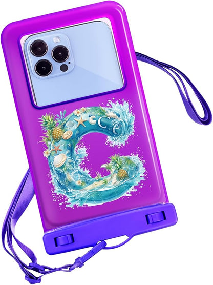 Personalized Initial Waterproof Phone Pouch Case - IPX8 Cellphone Dry Bag with Lanyard for iPhone 16/15/14/13/12 Pro Max (6.1–6.9"), Beach & Cruise Ship Essentials with Monogrammed Design (Purple, C)
