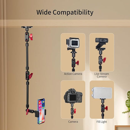 Wall Mounted Phone Holder Magic Arm 360° Rotation Adjustable Metal Base Screw in Wall Sturdy for Kitchen Bedroom Home 22 Inch Metal Phone Clip