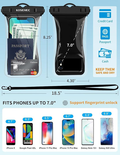 Waterproof Phone Pouch Floating, Waterproof Phone Case with Lanyard for iPhone 15 14 13 12 Pro Max XS Samsung, IPX8 Cellphone Dry Bag Beach Kayak Travel Essentials 2Pack-7.0"