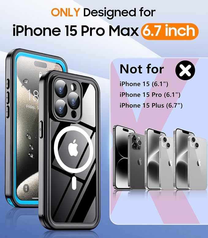 Temdan Magnetic for iPhone 15 Pro Max Case Waterproof,Built-in Screen Protector[IP68 Underwater][Upgrade Military Dropproof][Compatible with MagSafe] Full Body Shockproof Case-Blue