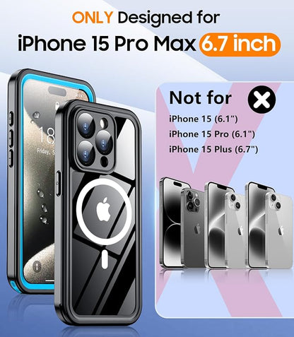 Temdan Magnetic for iPhone 15 Pro Max Case Waterproof,Built-in Screen Protector[IP68 Underwater][Upgrade Military Dropproof][Compatible with MagSafe] Full Body Shockproof Case-Blue