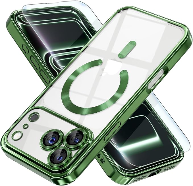 Misea Magnetic for iPhone 17 Pro Case Compatible with MagSafe [Never Yellowing] [Military Grade Drop Protection] Full Camera Lens Protector Plating Soft Clear Phone Case for Women, Green