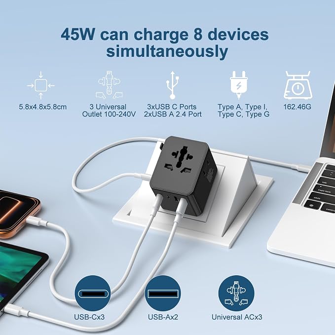 Universal Travel Adapter, International Power Plug Converter with 45W PD Charger, 2500W Support, All-in-One AC Adapter Travel Essentials for Europe EU UK US AUS, Type C Port