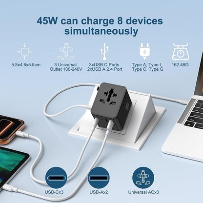Universal Travel Adapter, International Power Plug Converter with 45W PD Charger, 2500W Support, All-in-One AC Adapter Travel Essentials for Europe EU UK US AUS, Type C Port