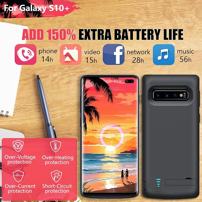 New Version Battery Case for Samsung Galaxy S10+ Plus, 6000mAh Rechargeable Extended Battery Charging Charger Case, Add 1.5X Extra Juice (6.4 Inches) Black