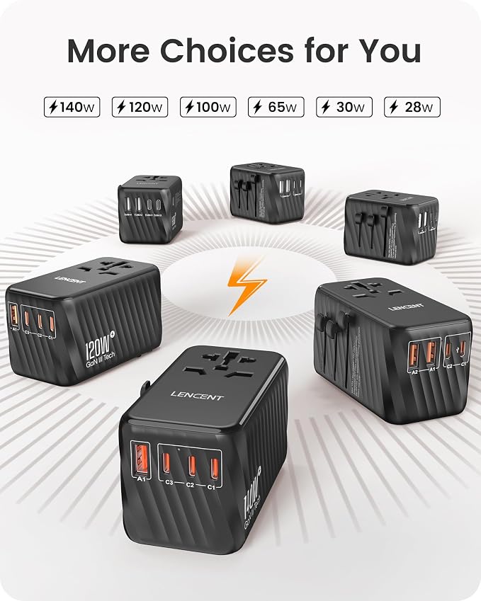 LENCENT Universal Travel Adapter, 100W GaN International Fast Charger | with 2 PD3.0 Type C+2 USB A, Worldwide Power Adaptor for Phones,Laptops, All in One Travel Essentials for EU/USA/UK/AU, Black