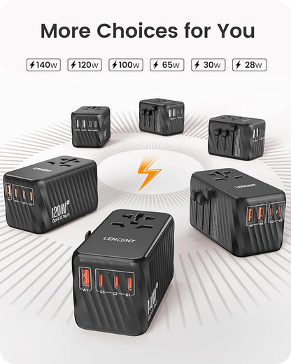 LENCENT Universal Travel Adapter, 100W GaN International Fast Charger | with 2 PD3.0 Type C+2 USB A, Worldwide Power Adaptor for Phones,Laptops, All in One Travel Essentials for EU/USA/UK/AU, Black