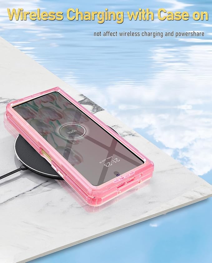 Btscase for Samsung Galaxy Z Fold 5 Case,Built in Front Screen Protector,Gold Glitter Marble Pattern Hard PC Slim Shockproof Full Body Drop Protective Case for Galaxy Z Fold 5 5G, Rose Gold
