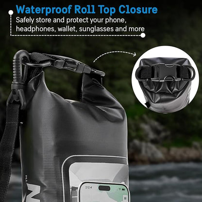 Pelican Marine IP68 Waterproof Dry Bag 2L - Roll Top Waterproof Backpack w/Phone Case/Pouch - Boating & Kayak Accessories - Essentials for Camping Swimming Beach Fishing Rafting Travel - Black