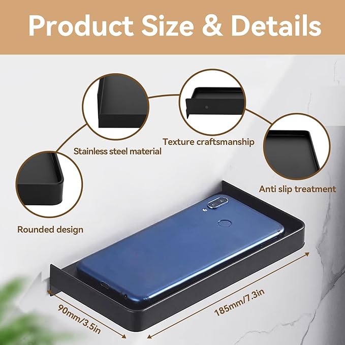 Bathroom Cell Phone Shelf, Stainless Steel Wall Mount Toilet Phone Holder Toilet Small Floating Wall Shelves, 7.3x3.5 in (Black)