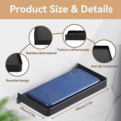Bathroom Cell Phone Shelf, Stainless Steel Wall Mount Toilet Phone Holder Toilet Small Floating Wall Shelves, 7.3x3.5 in (Black)