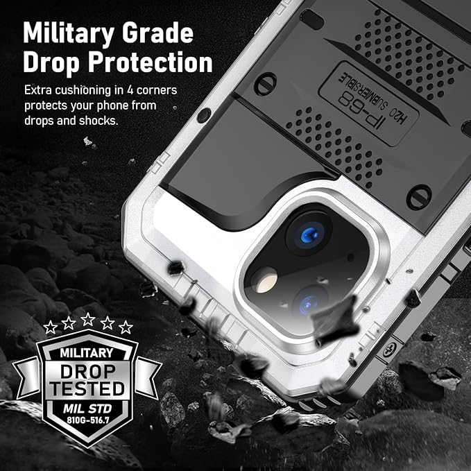 Beasyjoy for iPhone 13 Case Waterproof, Metal Phone Case with Built-in Screen Protector, Heavy Duty Full Body Protective Military Grade Shockproof Rugged Defender Cover 6.1 Inch, Silver