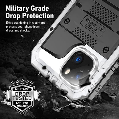 Beasyjoy for iPhone 13 Case Waterproof, Metal Phone Case with Built-in Screen Protector, Heavy Duty Full Body Protective Military Grade Shockproof Rugged Defender Cover 6.1 Inch, Silver