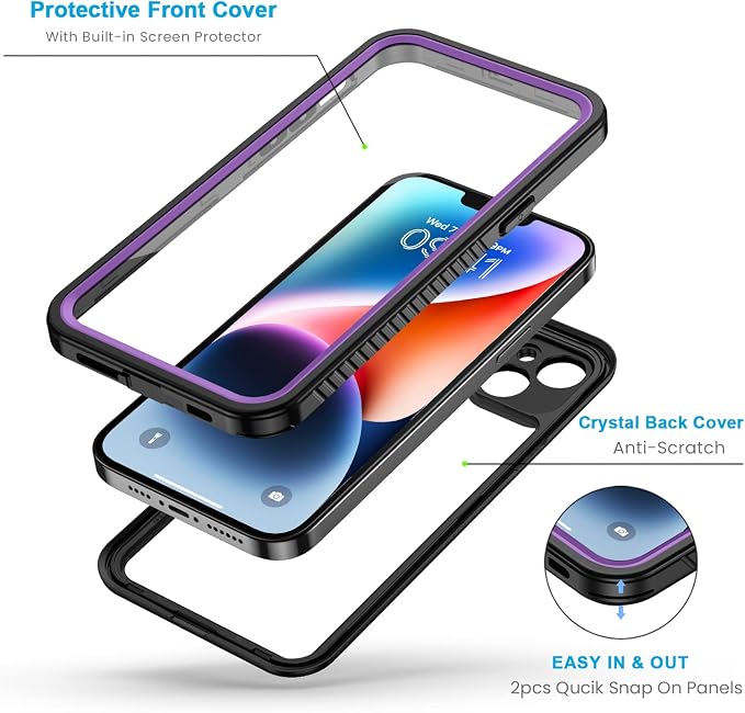 Lanhiem for iPhone 14 Case, IP68 Waterproof Dustproof Shockproof 14 Case with Built-in Screen Protector, Full Body Sealed Protective Front and Back Cover for iPhone 14, 6.1 inch (Purple)