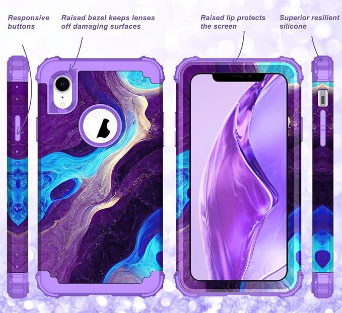 Hocase for iPhone XR Case, Heavy Duty Shockproof Protection Soft Silicone Rubber+Hard Plastic Bumper Hybrid Dual Layer Protective Case for iPhone XR (6.1-inch Display) 2018 - Blue Purple Marble