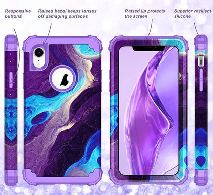 Hocase for iPhone XR Case, Heavy Duty Shockproof Protection Soft Silicone Rubber+Hard Plastic Bumper Hybrid Dual Layer Protective Case for iPhone XR (6.1-inch Display) 2018 - Blue Purple Marble