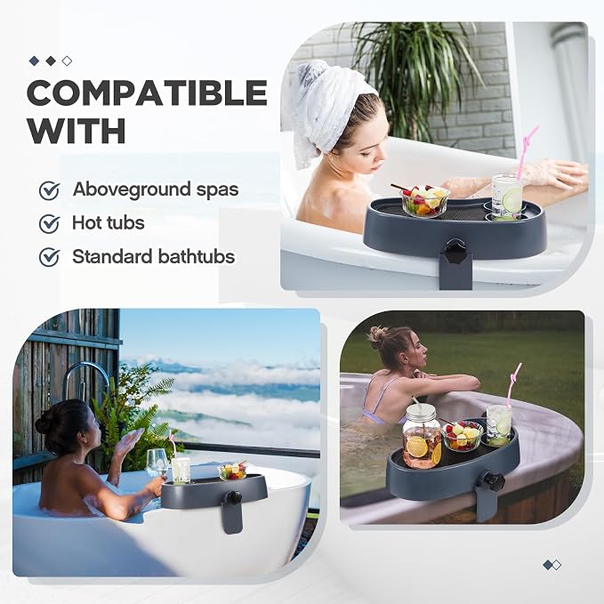 Geelin 2 Pcs Hot Tub Table Tray, Adjustable Aboveground Bathtub Tray with 2 Cup Holder, Between 2'' to 7.5'' Nonslip Hot Tub Accessories Shelf Drinks Snacks Phone Holder for Spa Bathtub (Navy Blue)